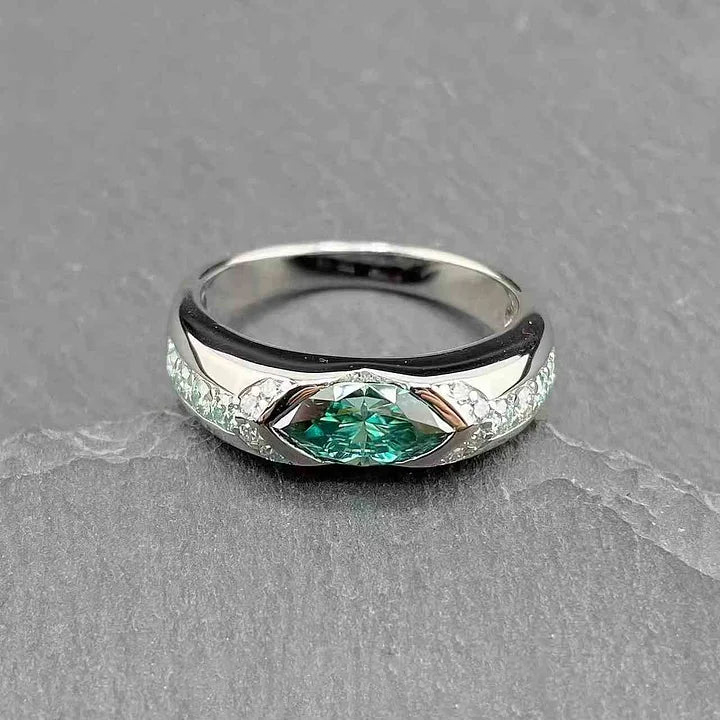 Anillo de ojo de caballo verde lago azul hielo con moissanita S925 VVS1