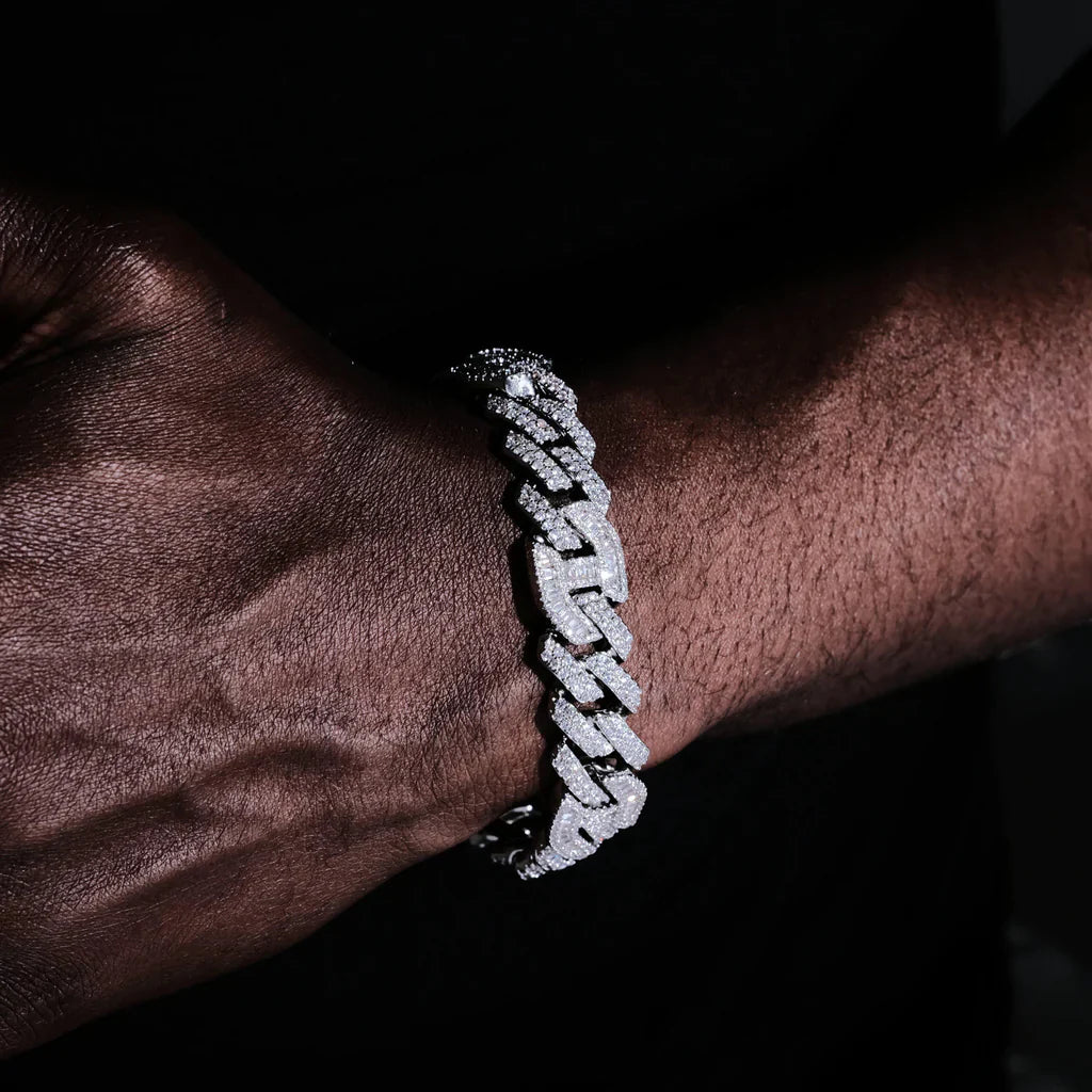 12mm prong baguette curb bracelet in white gold iced jewelry on wrist