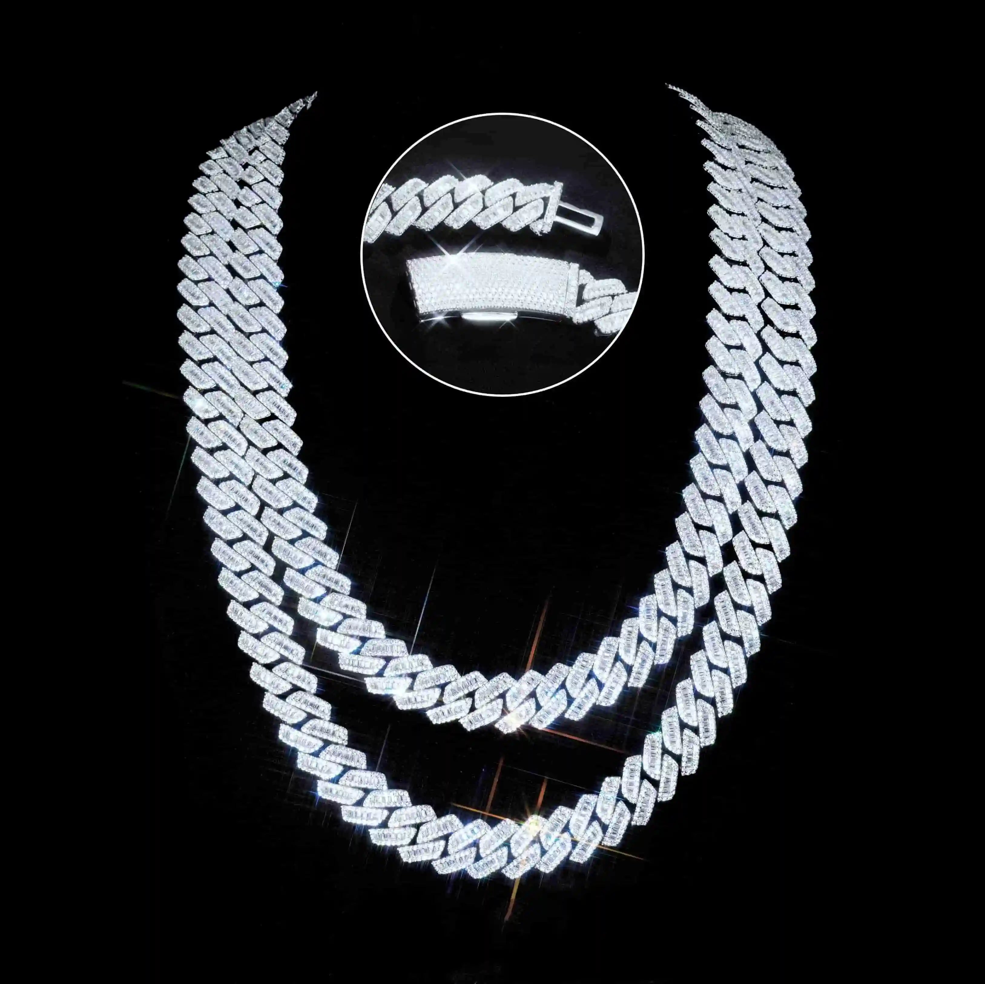 Curved Clasp Baguette Prong Cuban Chain - 13mm