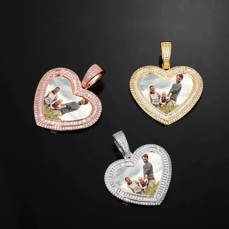 Set of three custom heart photo pendants in silver, gold, and rose gold