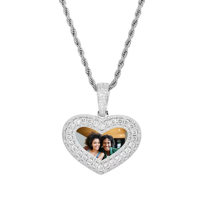White gold custom photo heart pendant necklace 40mm