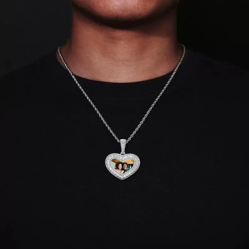White gold custom photo heart pendant necklace 40mm