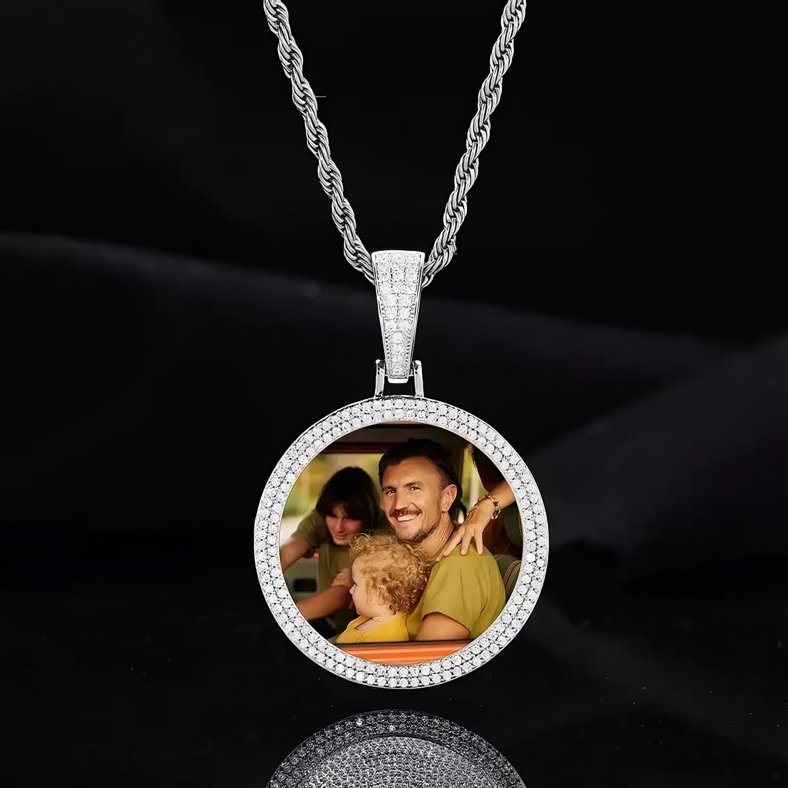 Silver custom photo round pendant with micro-pavé design – 37mm personalized necklace gift