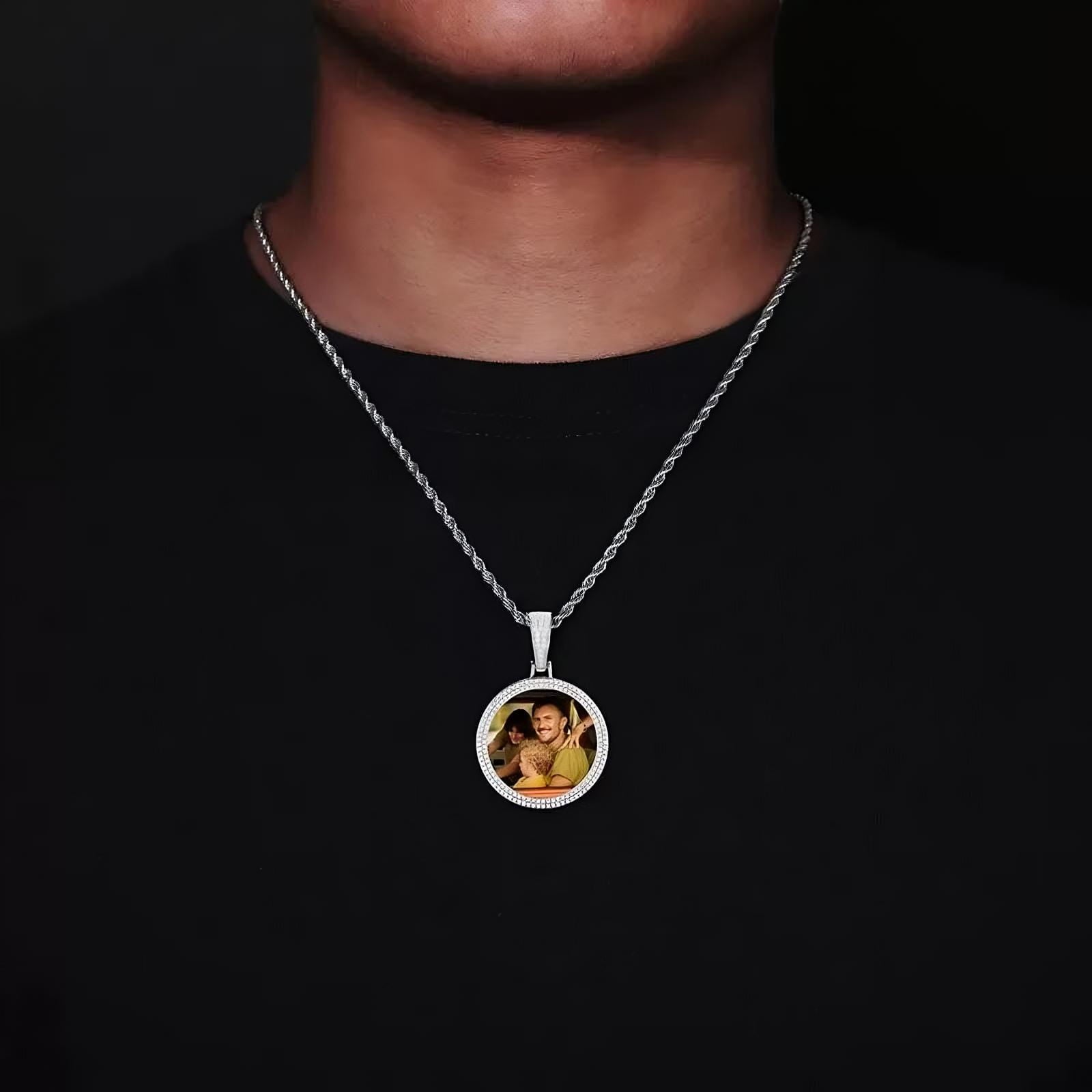 Model wearing custom photo double row micro-pavé round pendant – 37mm rose gold personalized gift