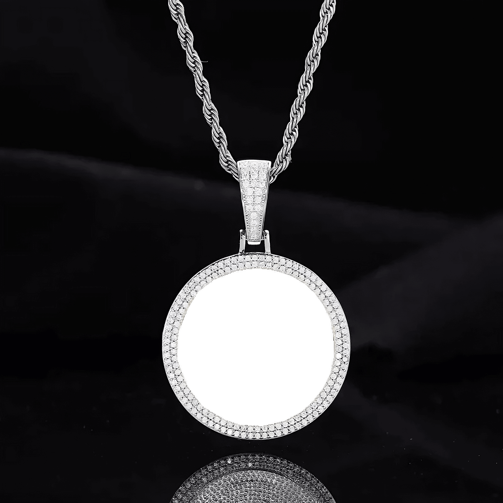 Empty double row micro-pavé round pendant frame for photo customization – 37mm personalized necklace