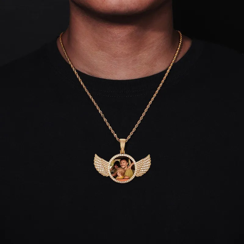 4k gold custom round wing photo pendant – 67mm personalized jewelry gift for men and women