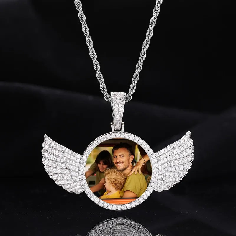 Silver custom round photo pendant with wings – 67mm iced-out personalized hip hop necklace