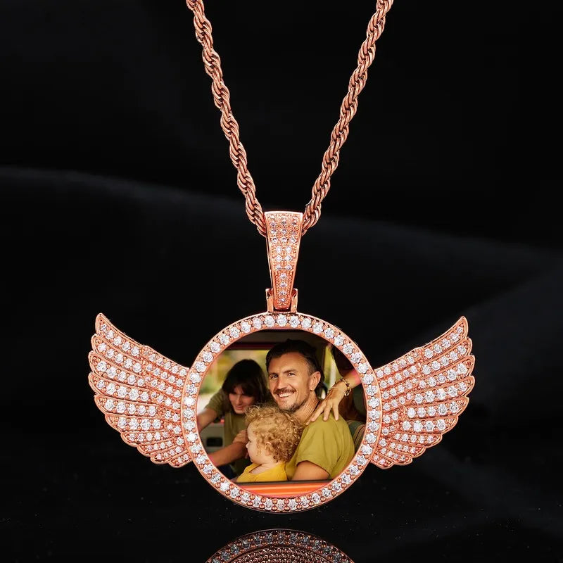 Rose gold custom round wing photo pendant – 67mm personalized iced-out jewelry