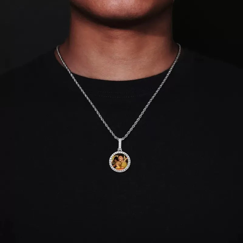 14K gold small custom round photo pendant necklace worn on model