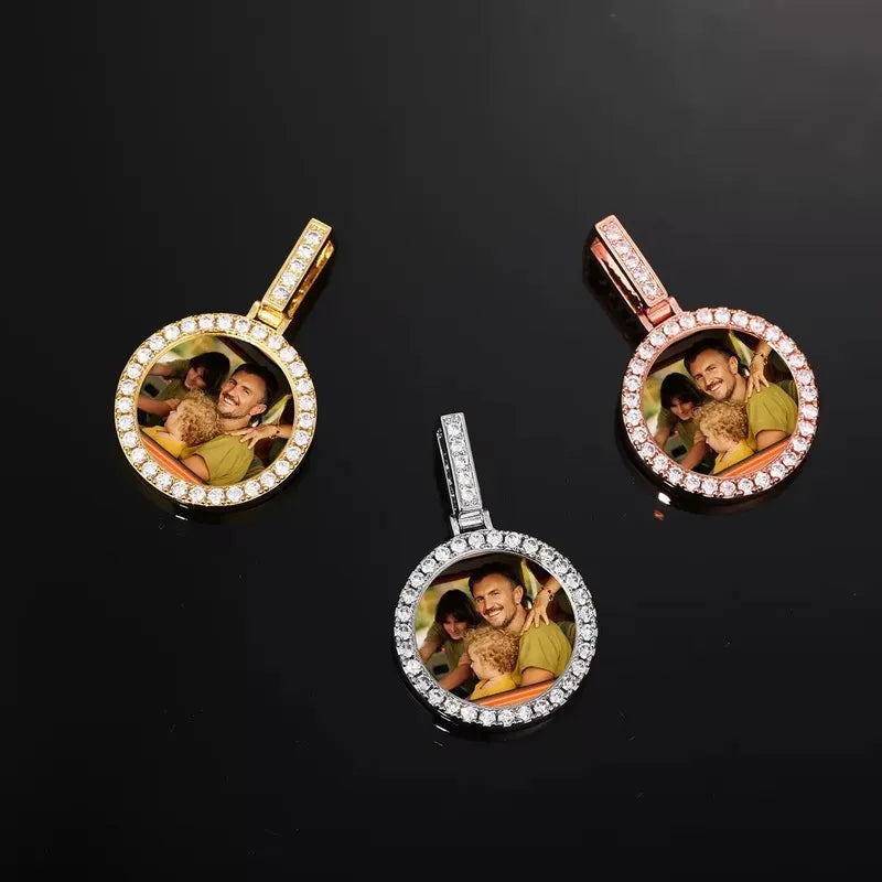 Set of three small round photo pendants in silver, gold, and rose gold