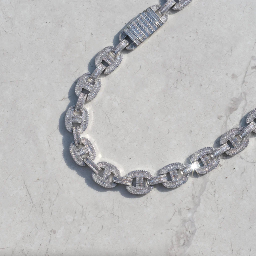 15mm Baguette Mariner Chain White Gold