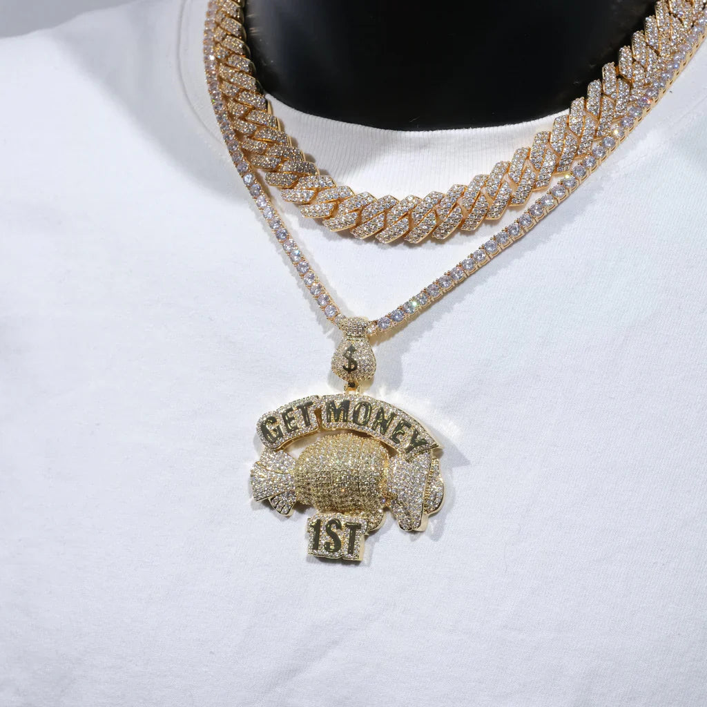 Get Money First Iced Necklace In 18k Gold