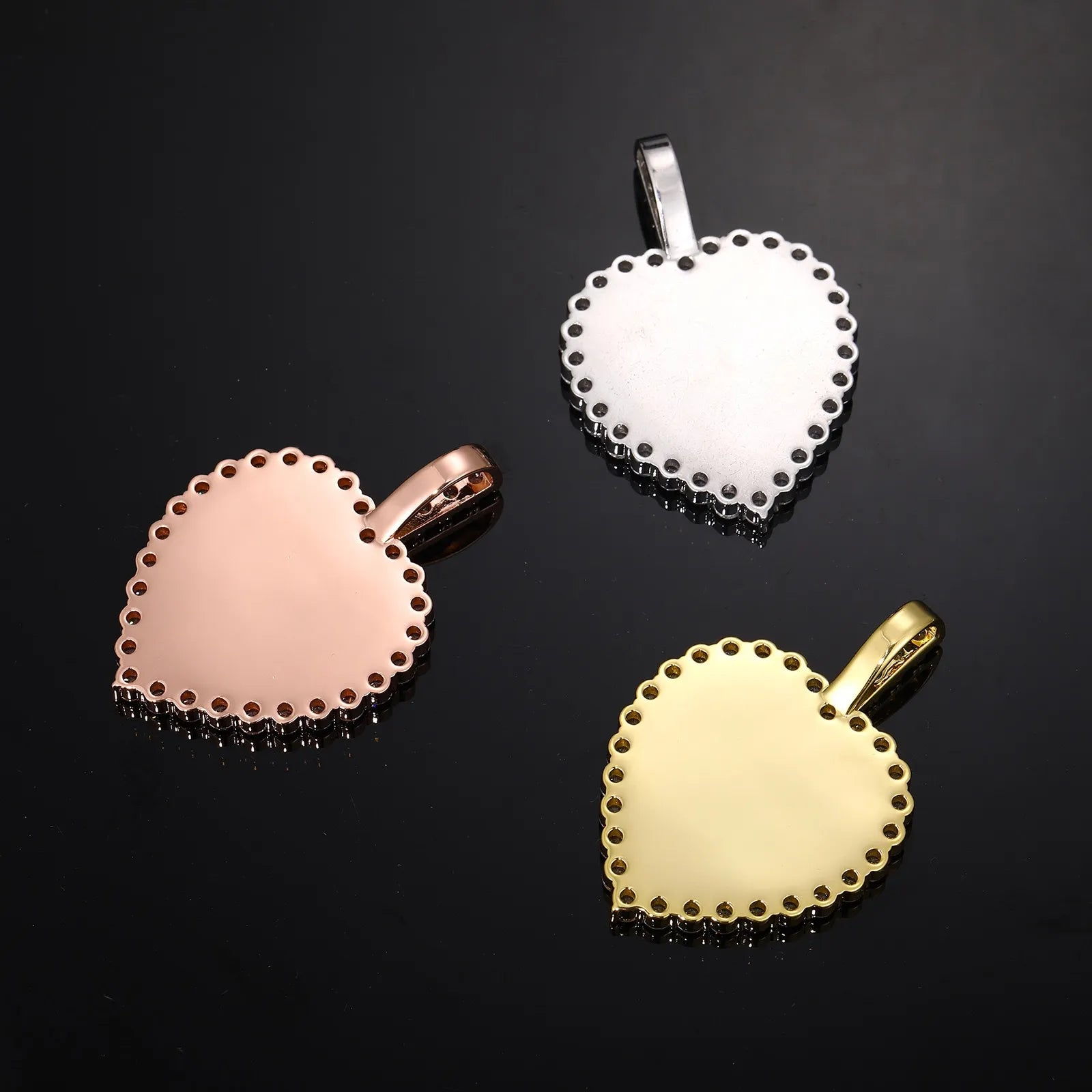 Backside view of heart photo pendant in gold, silver, and rose gold