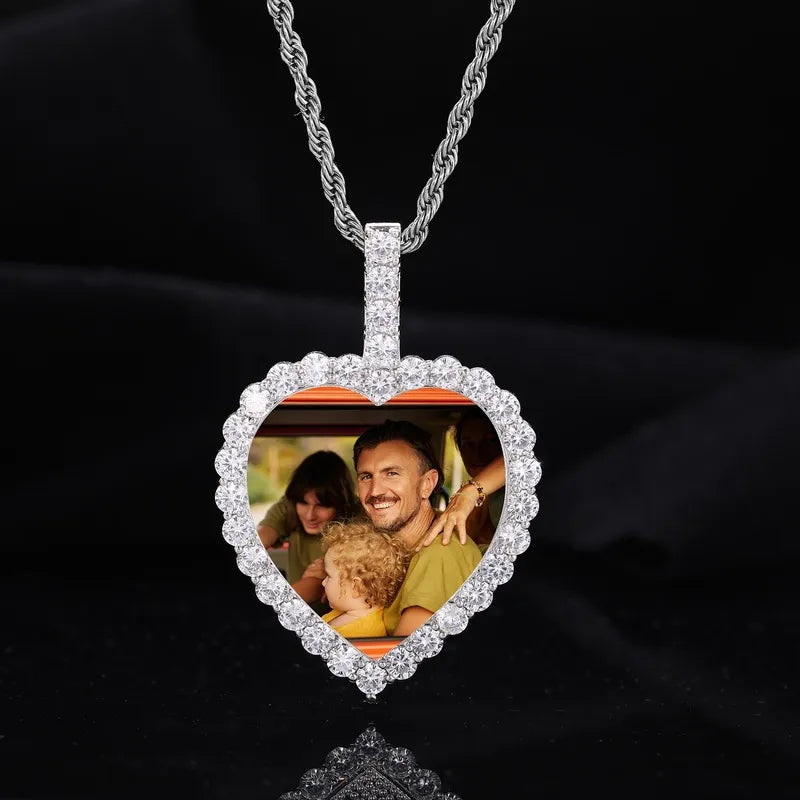 Silver heart-shaped custom photo pendant necklace with diamond edge