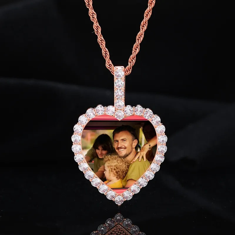 Rose gold custom heart pendant featuring a personal photo