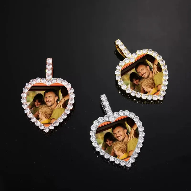 Set of three custom heart photo pendants in different finishes