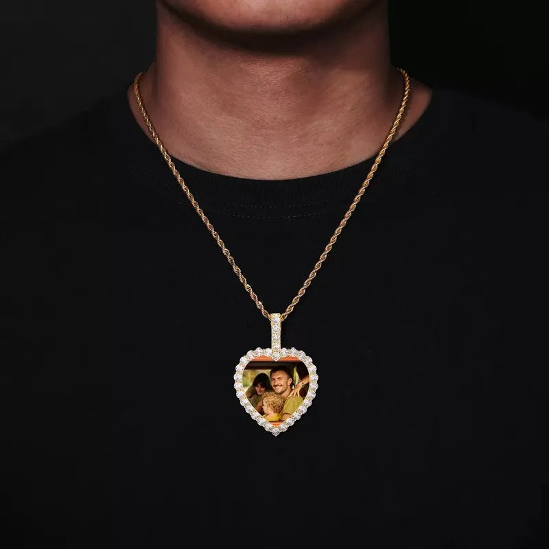 Heart photo pendant necklace worn on model, gold version