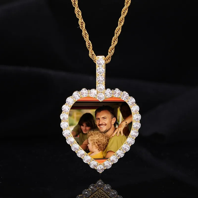 18K gold custom heart photo pendant necklace with sparkling stones