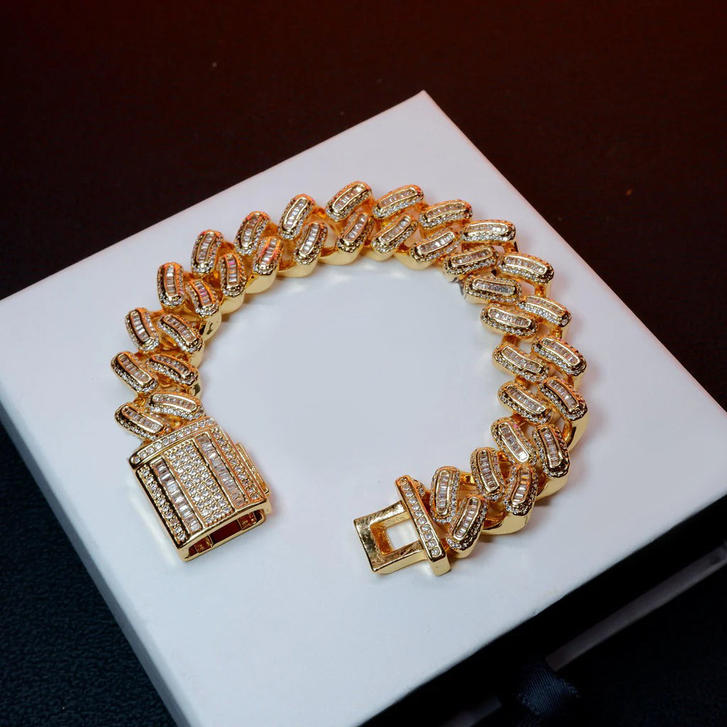 Luxury baguette iced bracelet 15mm gold plated Cuban style