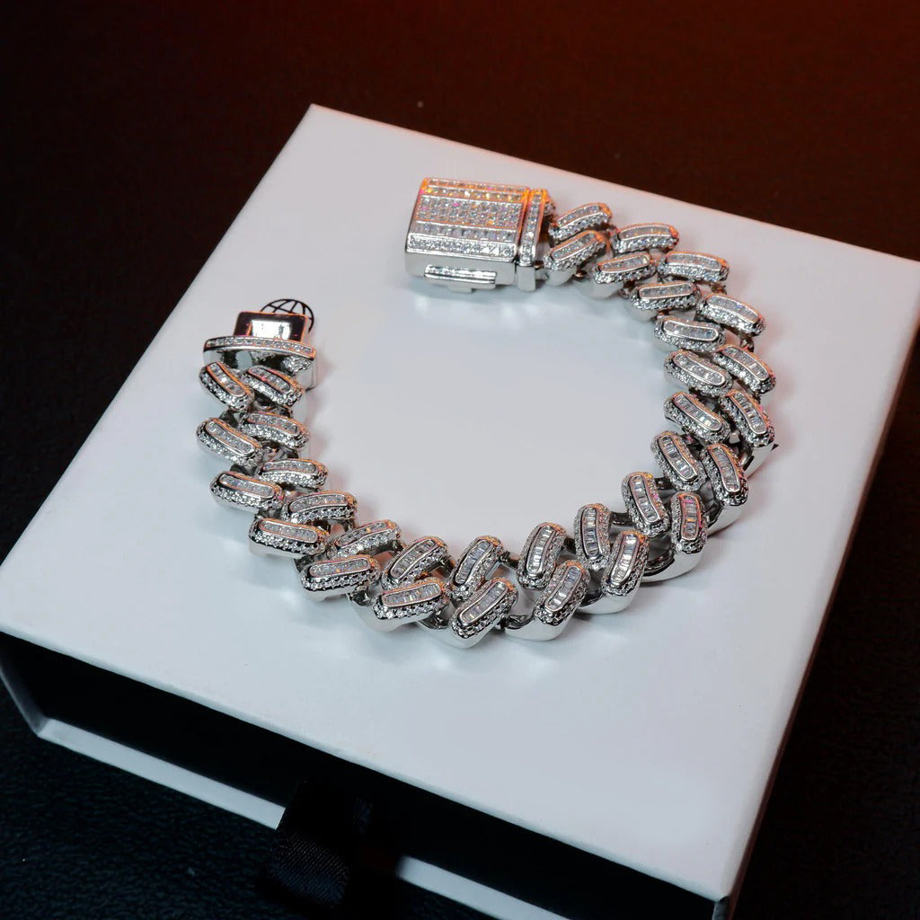 18k gold-plated 15mm baguette iced bracelet in silver finish