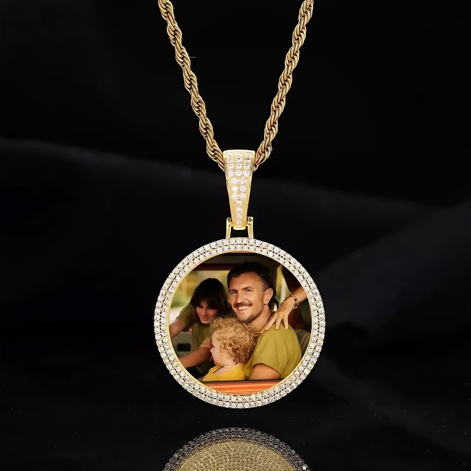 Gold custom photo round pendant with double row micro-pavé design - 37mm personalized necklace