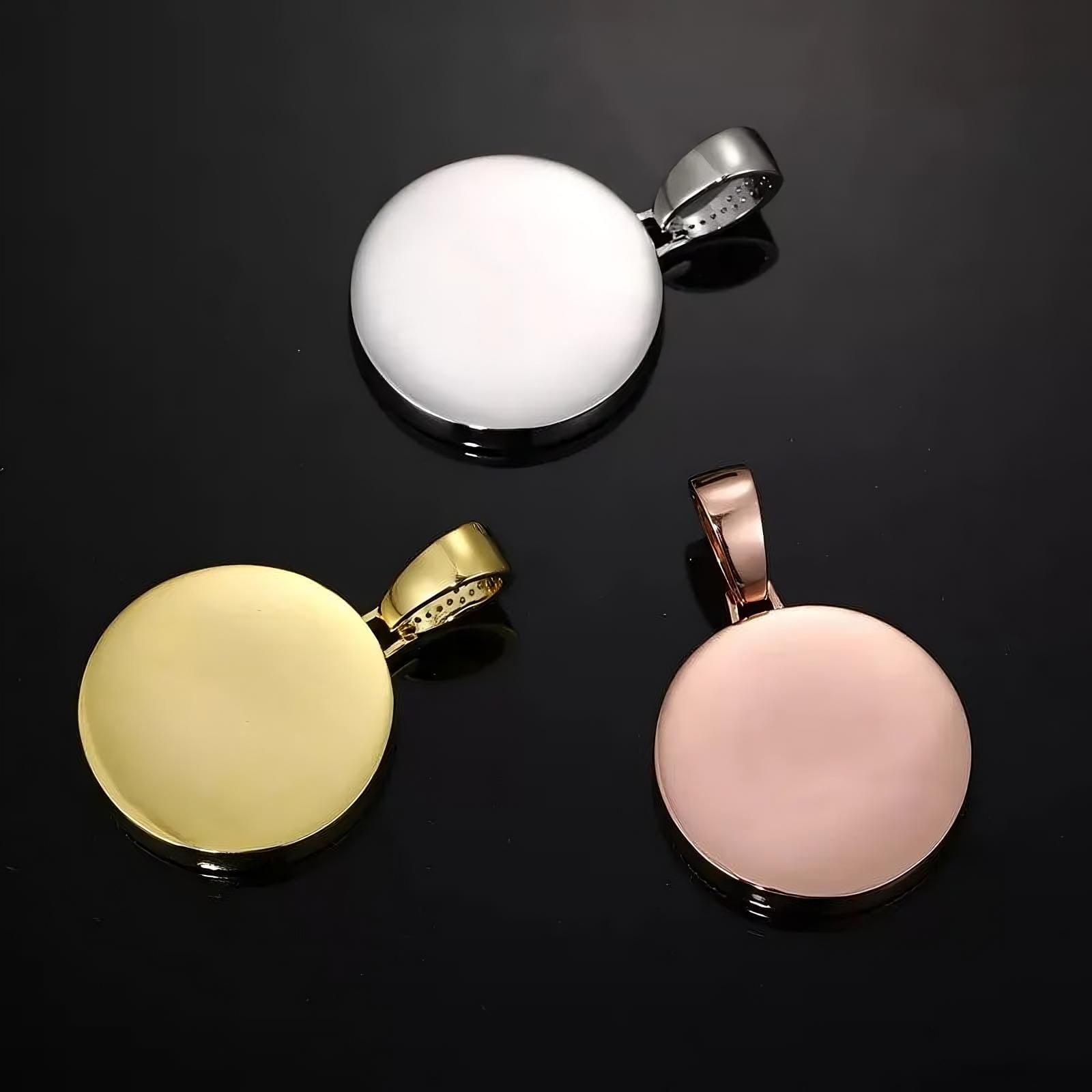 Color options for custom double row micro-pavé round pendant – gold, silver, and rose gold – 37mm necklace