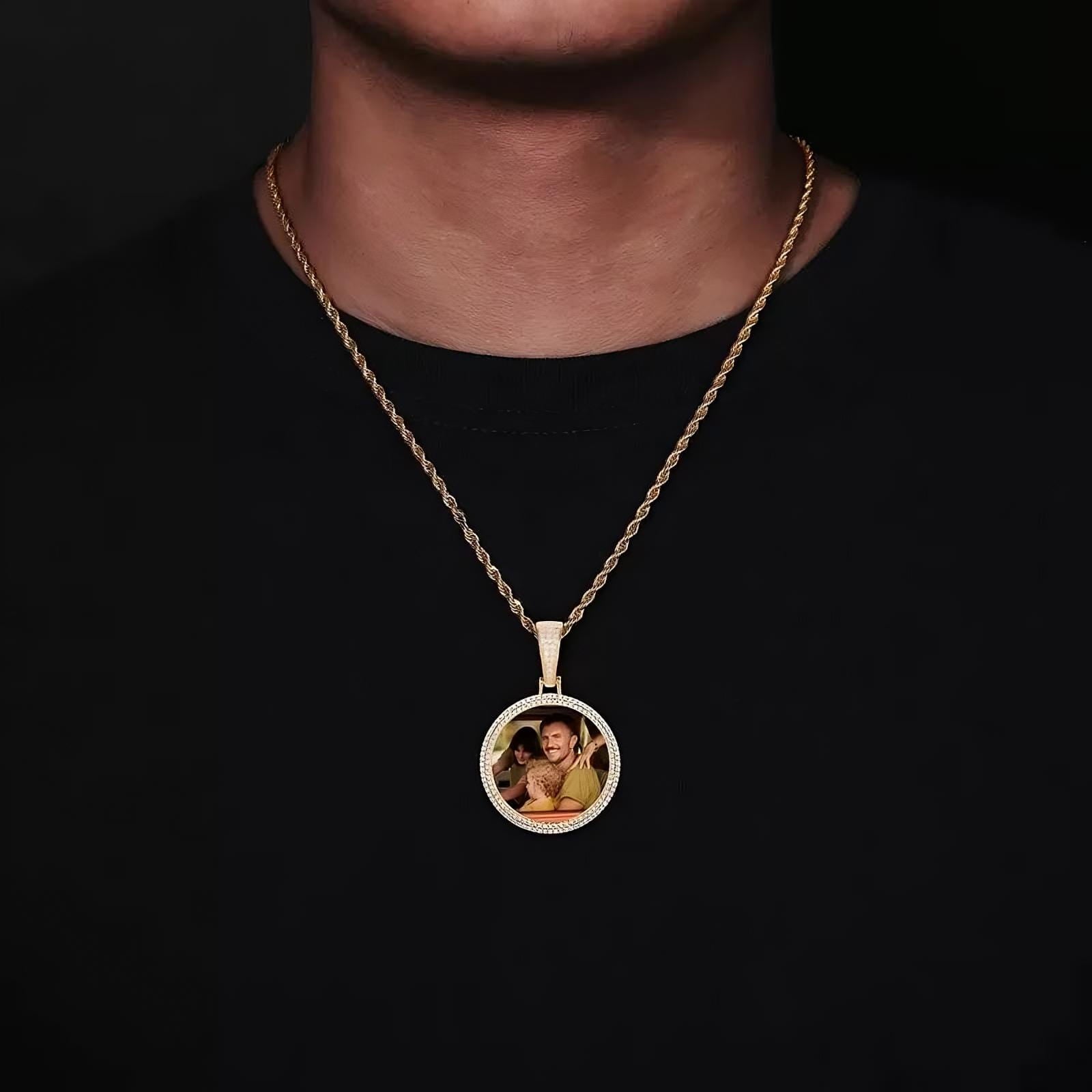 Model wearing custom photo double row micro-pavé round pendant – 37mm rose gold personalized gift
