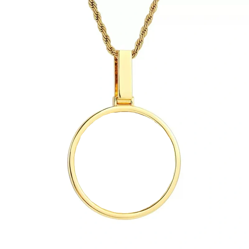 Empty yellow gold polished round pendant frame – 45mm necklace ready for custom photo personalization