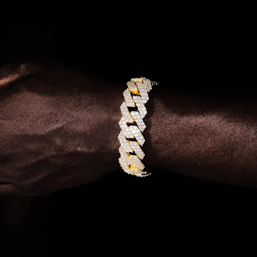Two-row iced prong Cuban bracelet 19mm gold plated