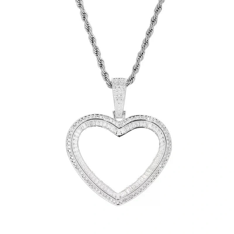 14K White Gold Custom Photo Heart T-Shaped Diamond Pendant - 42mm
