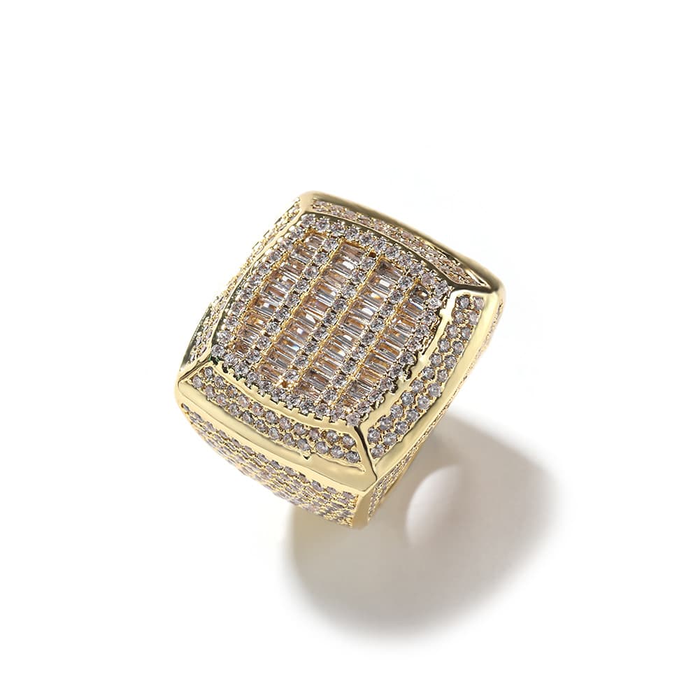 Square Diamond Encrusted Hip-Hop Ring in 18K Gold Plating