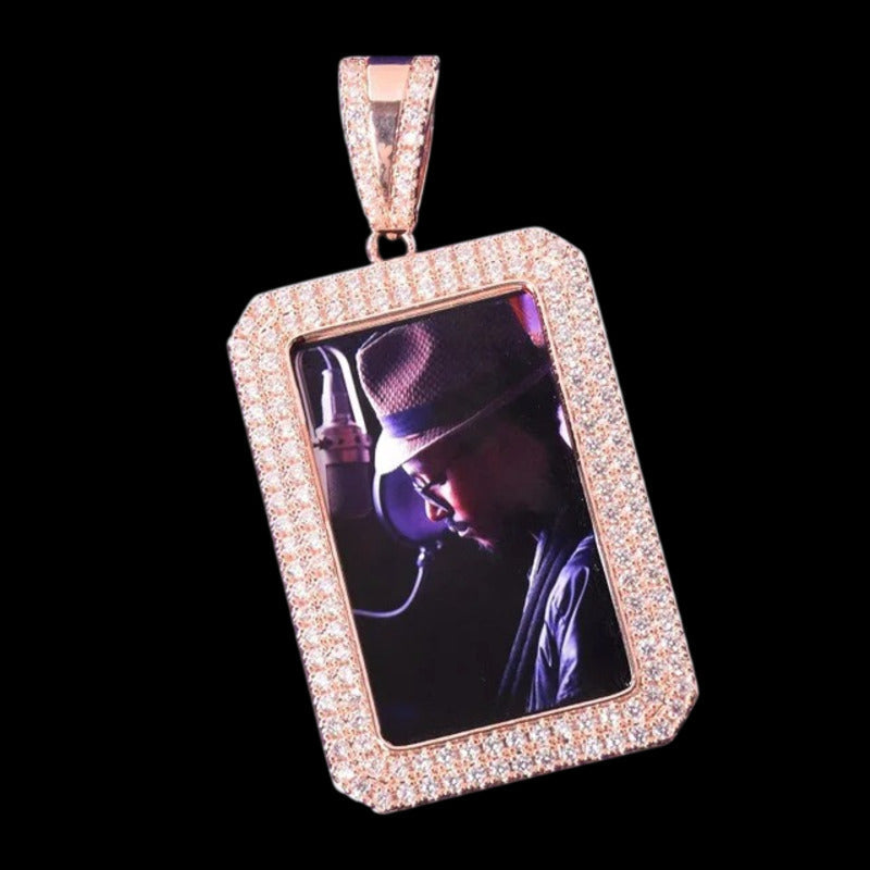 Gold custom square photo pendant – 35mm personalized necklace with diamond frame and high-resolution photo
