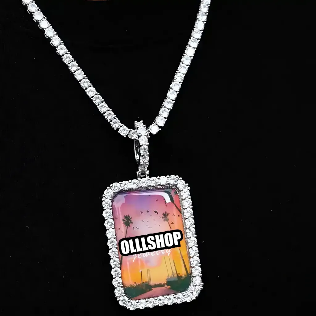 Custom iced rectangular pendant with engraved message and personalized image