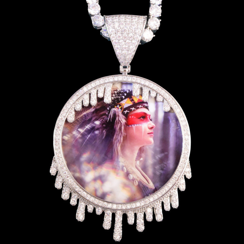 Personalized memorial pendant with photo in gold round water drop design