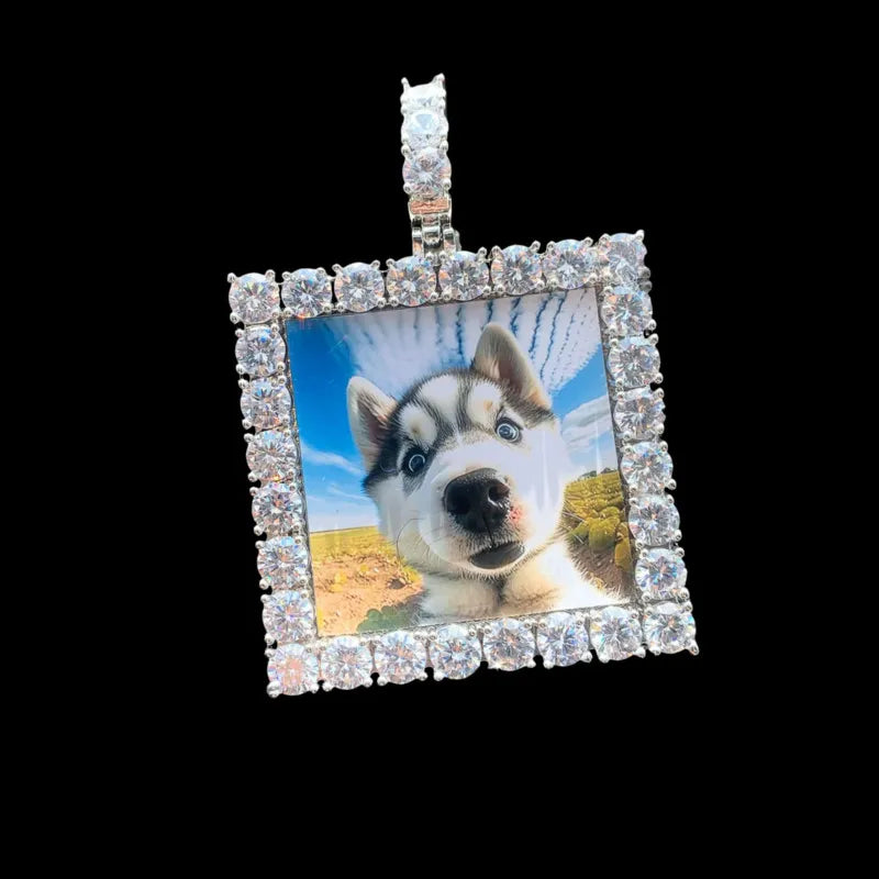 Silver custom square pendant with photo – 55mm personalized hip hop jewelry