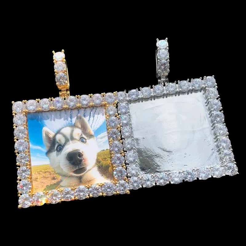 Split photo heart square pendant – custom iced-out necklace with personal image
