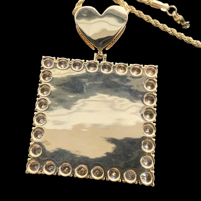Backside of custom 3D square pendant – gold iced-out personalized jewelry