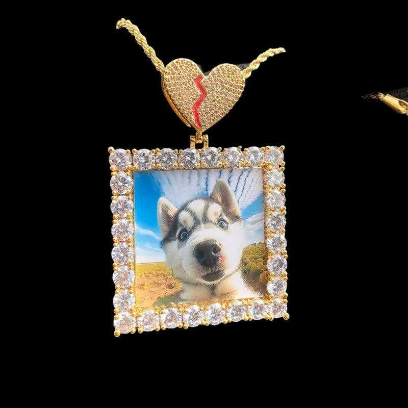 Gold custom square pendant with heart-shaped bail – personalized jewelry gift