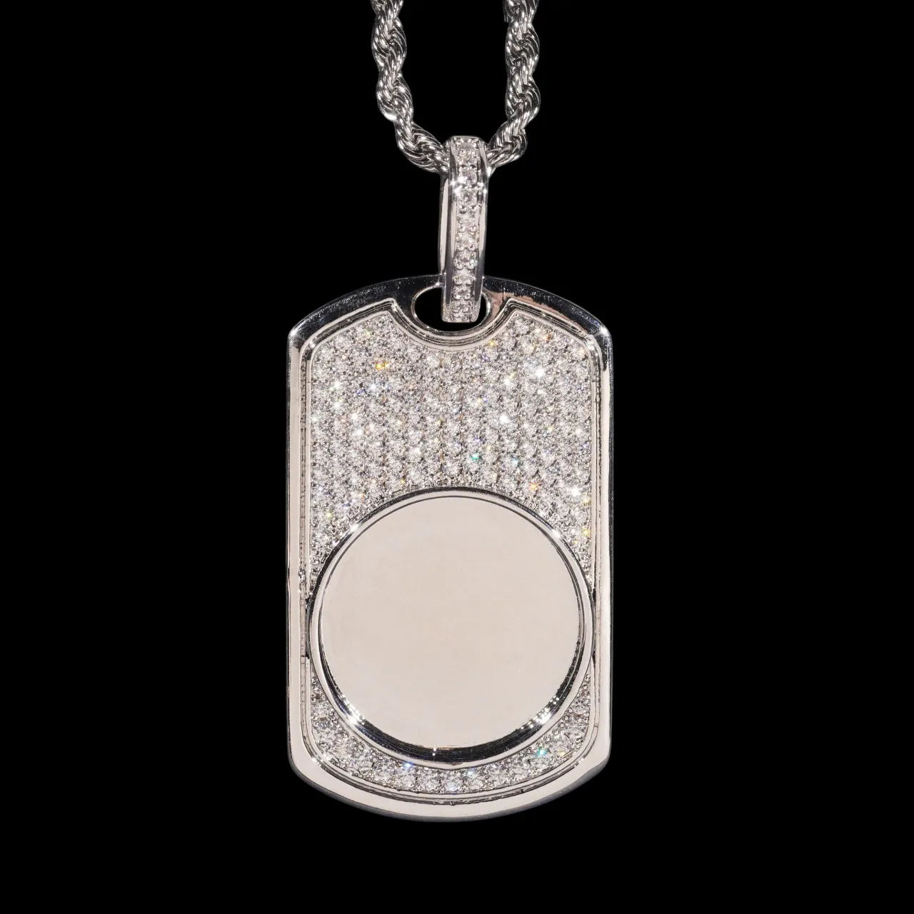 Close-up of iced 3D custom photo dog tag pendant in silver with diamond border