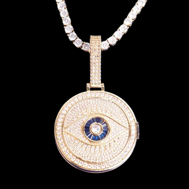 Gold custom God's Eye round pendant necklace with personalized photo inside
