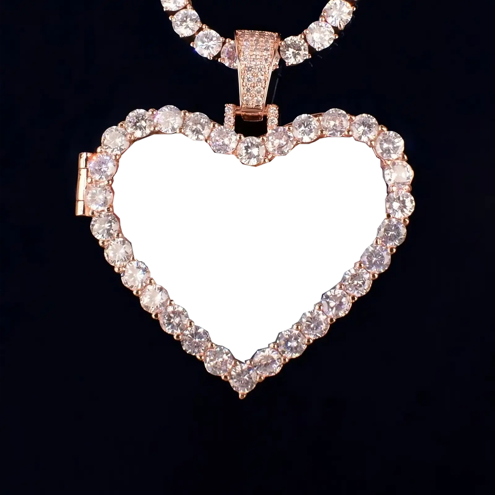 Blank iced heart pendant ready for custom flip photo personalization