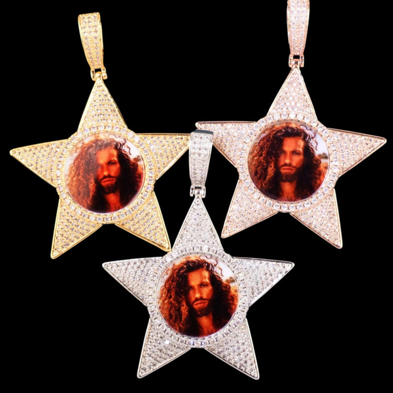 Set of custom star photo pendants – iced-out pentagram necklace collection