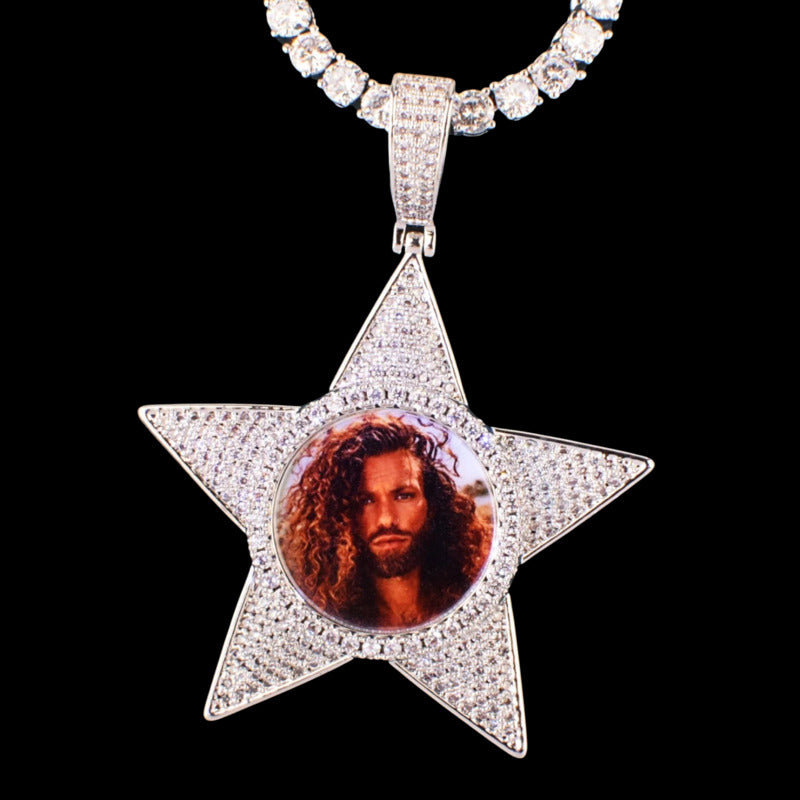 Custom 50mm star-shaped photo pendant – luxury iced-out personalized necklace