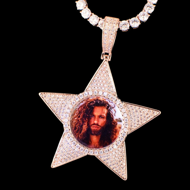 Personalized star pendant with custom image – 50mm iced-out hip hop jewelry