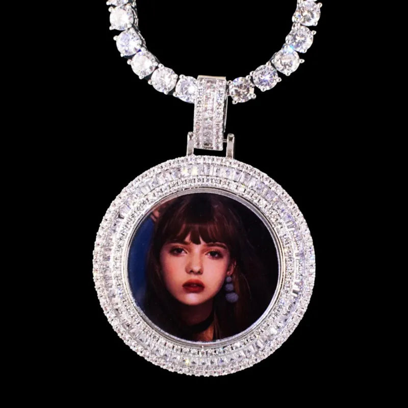 Customized round photo pendant necklace, iced out hip hop jewelry, 36mm silver plated, personalized picture chain.