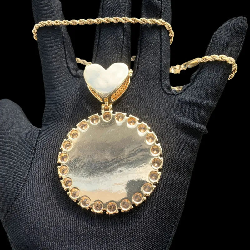 Backside of custom round pendant necklace – gold personalized iced-out jewelry