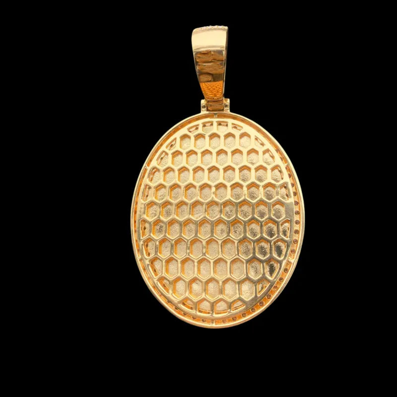Gold custom oval pendant back showing textured polished finish