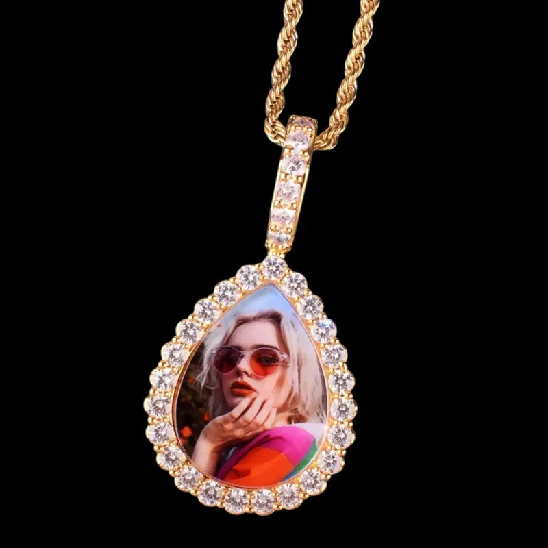 Gold chain with custom teardrop photo pendant, iced jewelry style