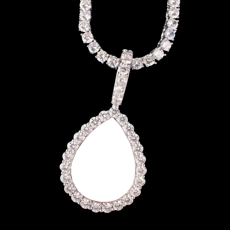 Back view of blank teardrop pendant with diamond border for custom photo