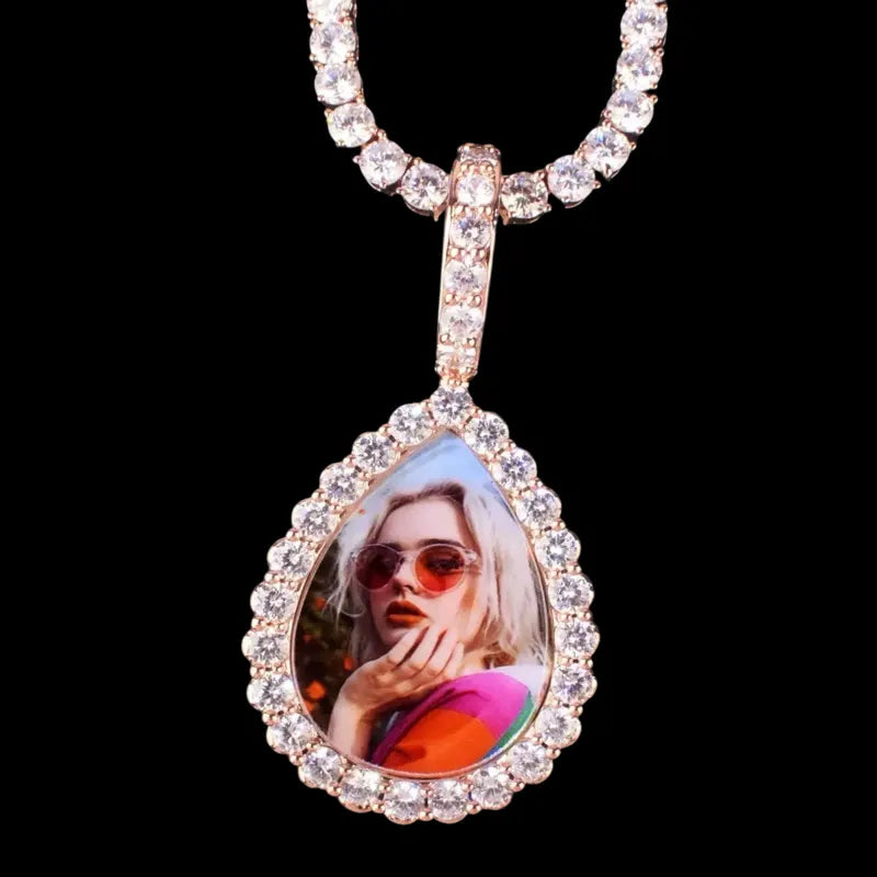 Custom iced teardrop photo pendant necklace with sparkling stones
